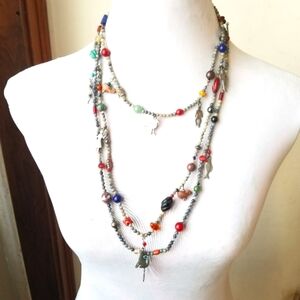 Artist made multistrand beaded charm necklace stone glass silver tone